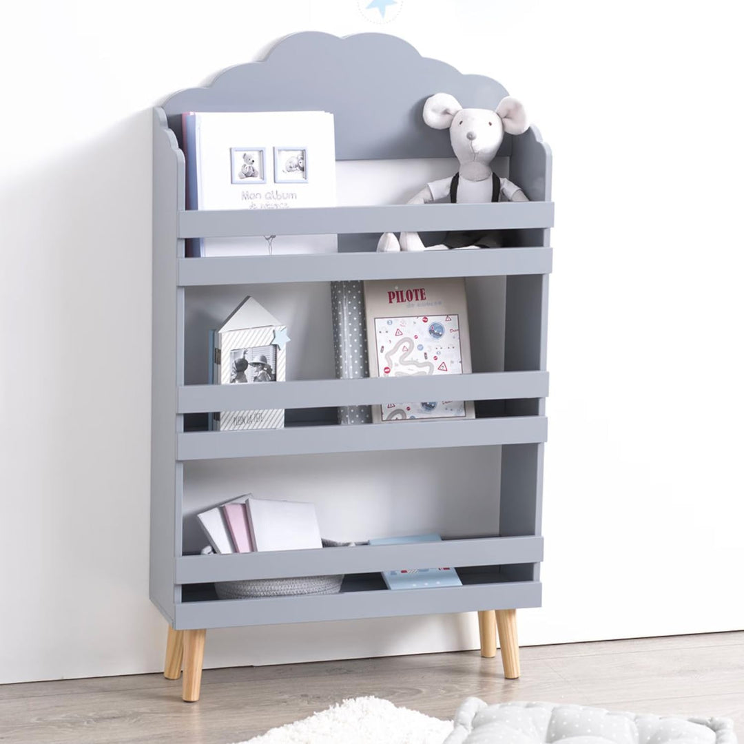 Avilia Bücherregal Wolke für Kinder, 3 Ablagen aus Holz, Grau, platzsparend, 58 x 100 x 18 cm