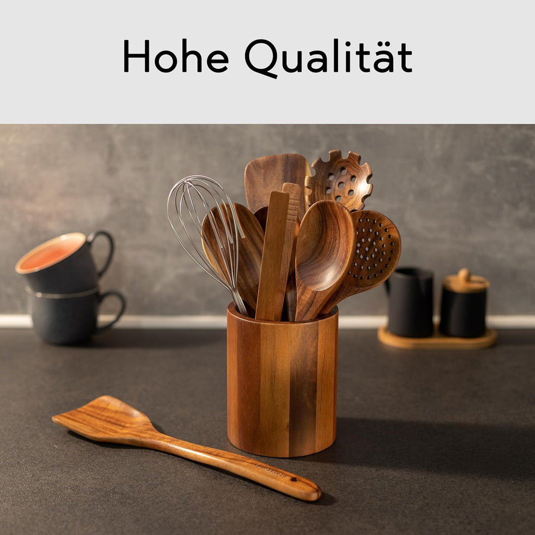 Küchenhelfer Set aus Holz - Grillzange, Schneebesen, Pfannenwender, Holzlöffel und Nudelschöpfer 9 t