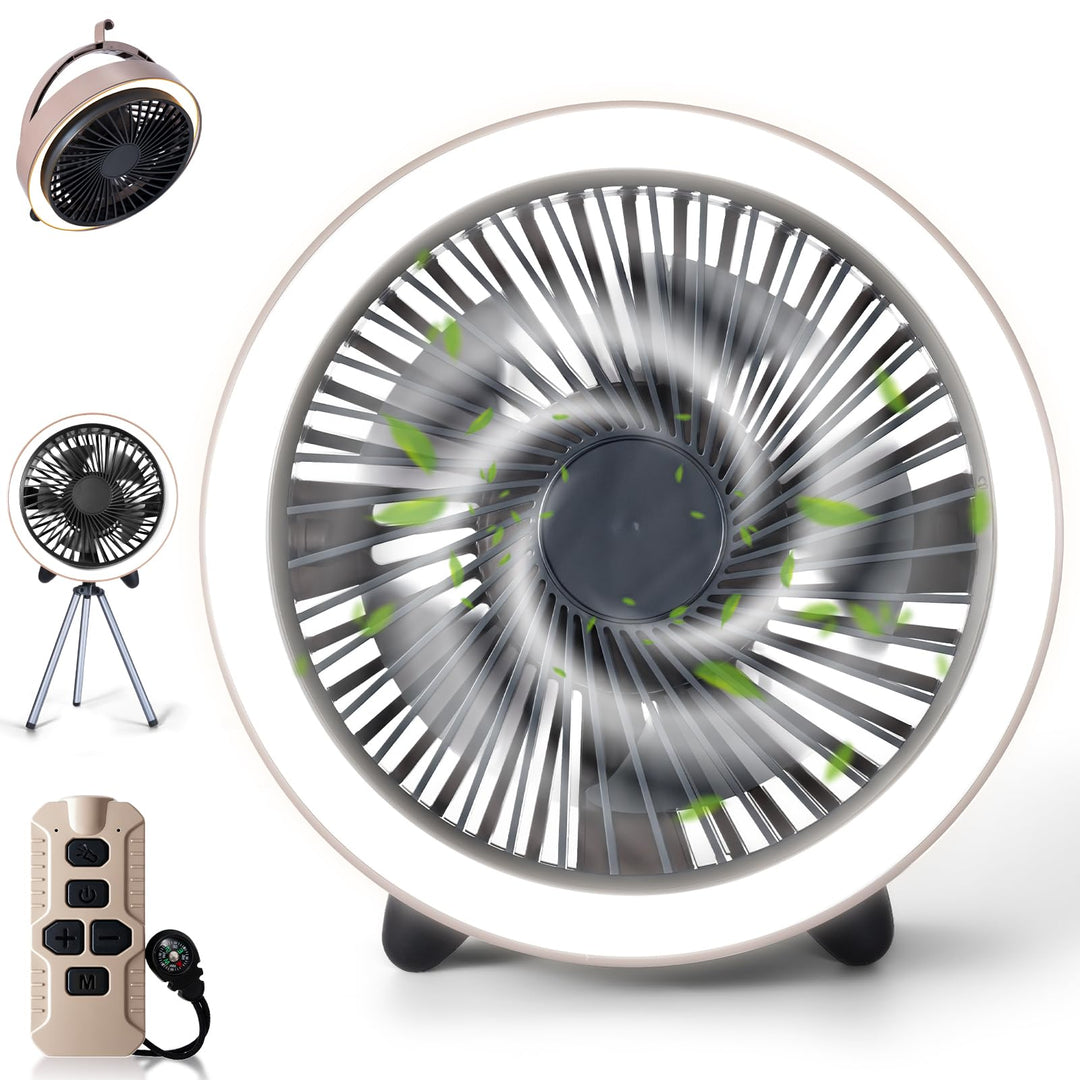 Camping Ventilator mit LED & Fernbedienung 10400mAh, Wiederaufladbarer USB Ventilator mit Haken, Tim