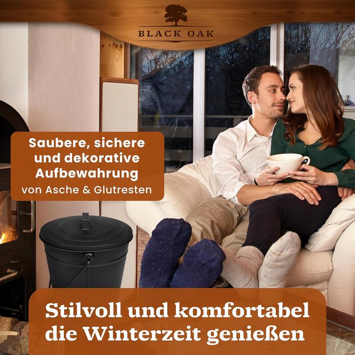 BLACK OAK Ascheeimer Etna 14L – Set Schaufel & Besen schwarz rund mit Deckel gross 14 Liter Stahl fe