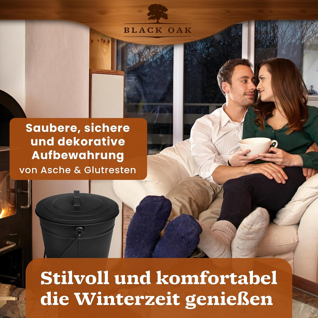 BLACK OAK Ascheeimer Etna 14L – Set Schaufel &amp; Besen schwarz rund mit Deckel gross 14 Liter Stahl fe