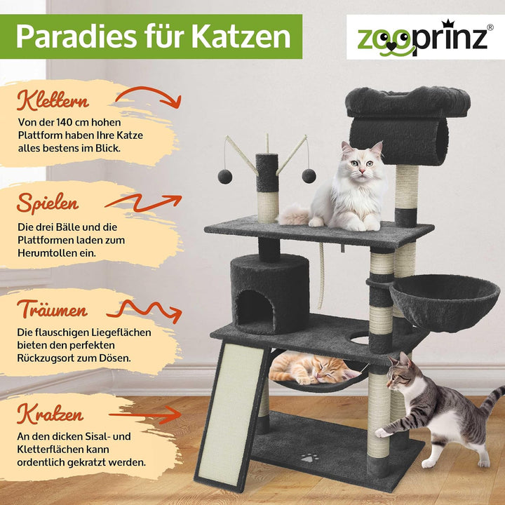 zooprinz extra breiter kratzbaum – XXL Premium Kratzbaum mit dicken Sisal Säulen, Höhle, Hängematte,