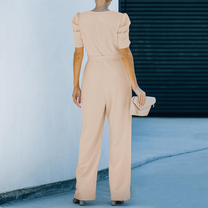 Damen Lang Jumpsuit Overall Hosenanzug Elegant Romper Kurzarm Rundhals Playsuit mit Gürtel Hosenanzu