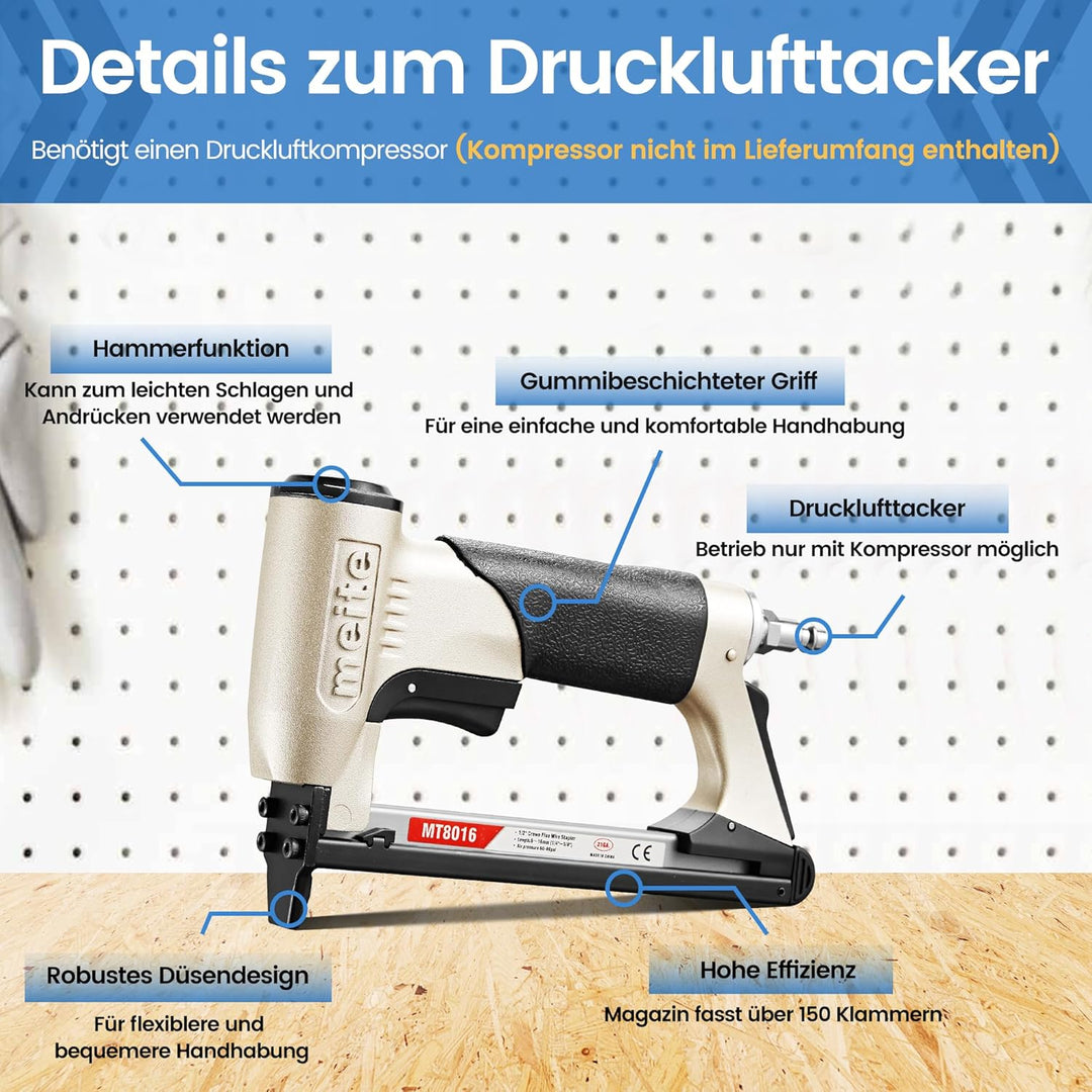 meite MT8016 Pneumatic Upholstery Stapler 21 Gauge 1/2" Crown 1/4" to 5/8" Length Industrial Fine Wi