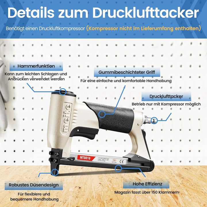 meite MT8016 Pneumatic Upholstery Stapler 21 Gauge 1/2" Crown 1/4" to 5/8" Length Industrial Fine Wi