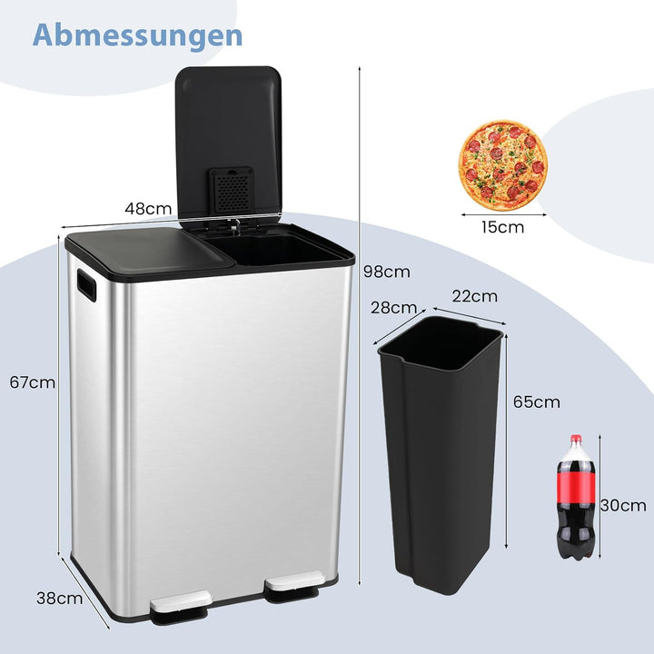 COSTWAY Mülleimer 2 Fächer, 2 x 30L Abfalleimer Küche, Tretmülleimer mit sanft schliessendem Deckel,