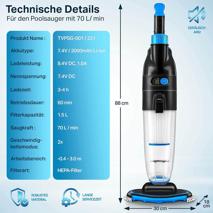 tillvex Poolsauger mit Akku | Pool Bodensauger Teleskopstange elektrisch | Poolreiniger mit Filter &