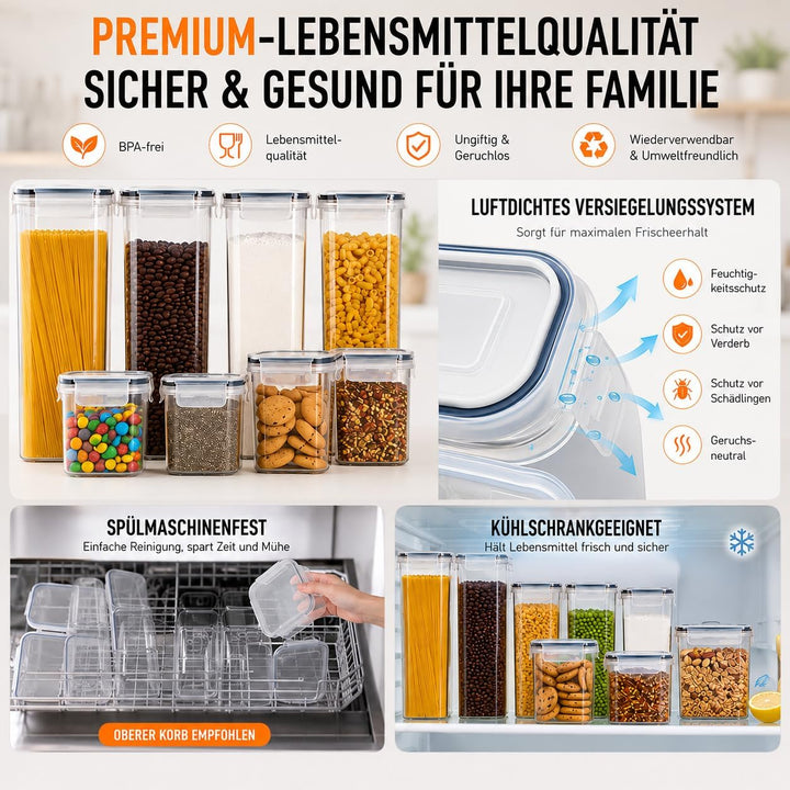 2.8L/30CM Küchen Vorratsdosen mit Deckel Luftdicht Gross 16er Set BPA Frei, aufbewahrungsbox mit dec