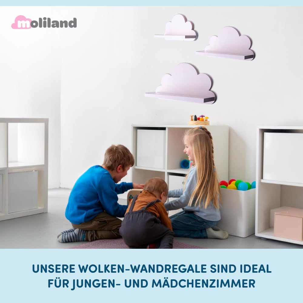 3er Set Wandregal Kinderzimmer Weiss | Babyzimmer Wolkenregal für Bücher, Spielzeug, Dekoration | Re