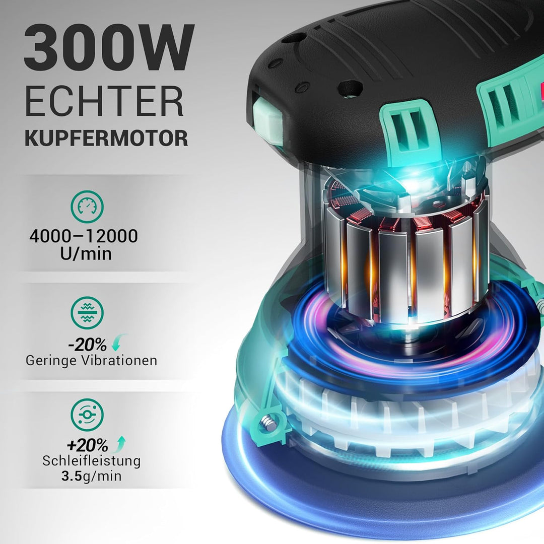 DCA Exzenterschleifer 300W, 125MM Schleifmaschine mit 6 Geschwindigkeiten, Max.12000 U/min, 0.3L Sta