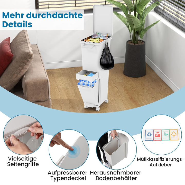 FANTASK 3 in 1 Mülleimer 32L auf Rädern, Abfalleimer Küche mit Kippbehälter & 2 Fächer, Schublade &