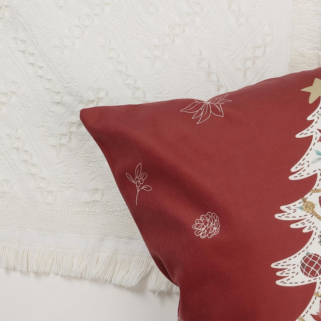 Bonhause 4er Set Kissenbezüge Weihnachten Rot 45 x 45 cm Weihnachtsbaum Glocke Blätter Blumen Dekora