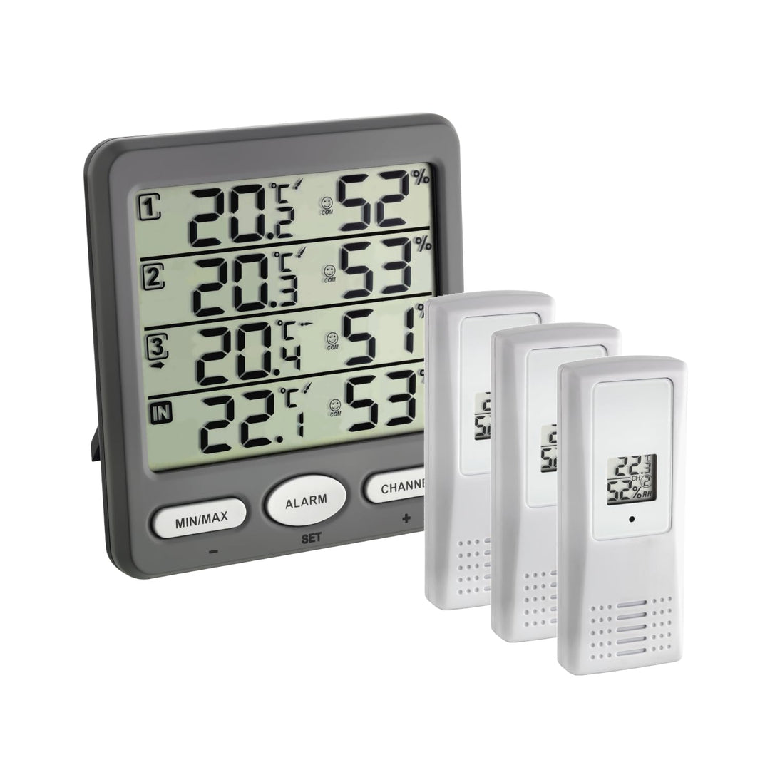 TFA Dostmann Klima-Monitor Funk-Thermo-Hygrometer mit 3 Sendern, 30.3054.10, ideal zur Klimaüberwach