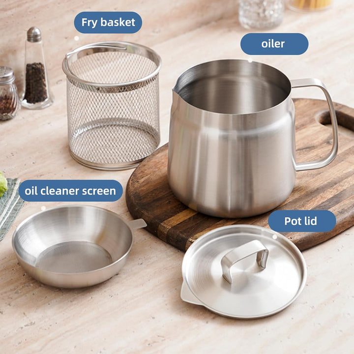 Frittiertopf, 2L Brattopf aus Edelstahl, Frittiertopf mit Sieb, Griff und Deckel, Kleiner Kochtopf z
