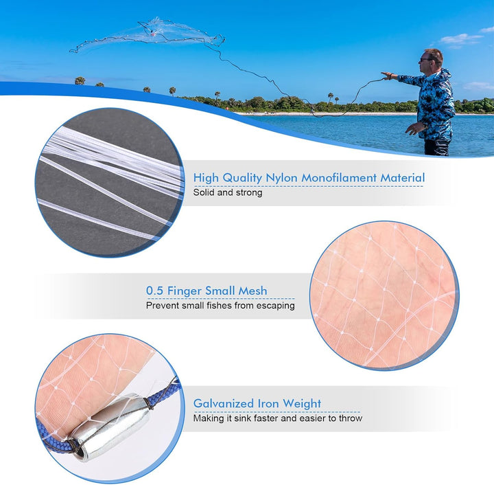 Cocoarm Fischernetz Hand Überwurf Angelnetz aus Nylon Angeln Net Tragbares Erweiterbar Nylon Mesh Ne