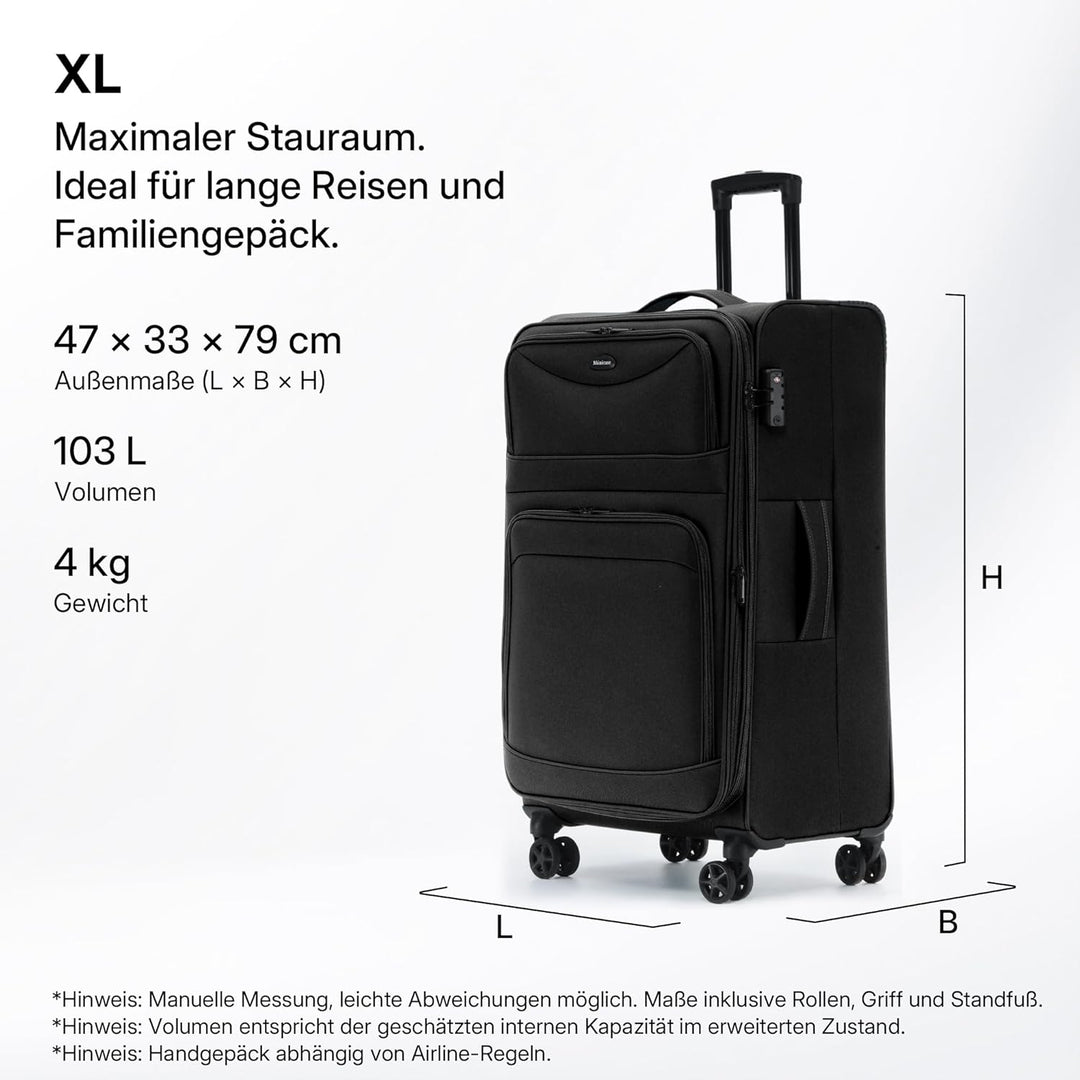 Stoffkoffer erweiterbar mit Frontfächern,15% Extra-Volumen, TSA-Schloss, 360° Doppelrollen & verdeck