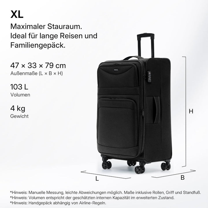 Stoffkoffer erweiterbar mit Frontfächern,15% Extra-Volumen, TSA-Schloss, 360° Doppelrollen & verdeck