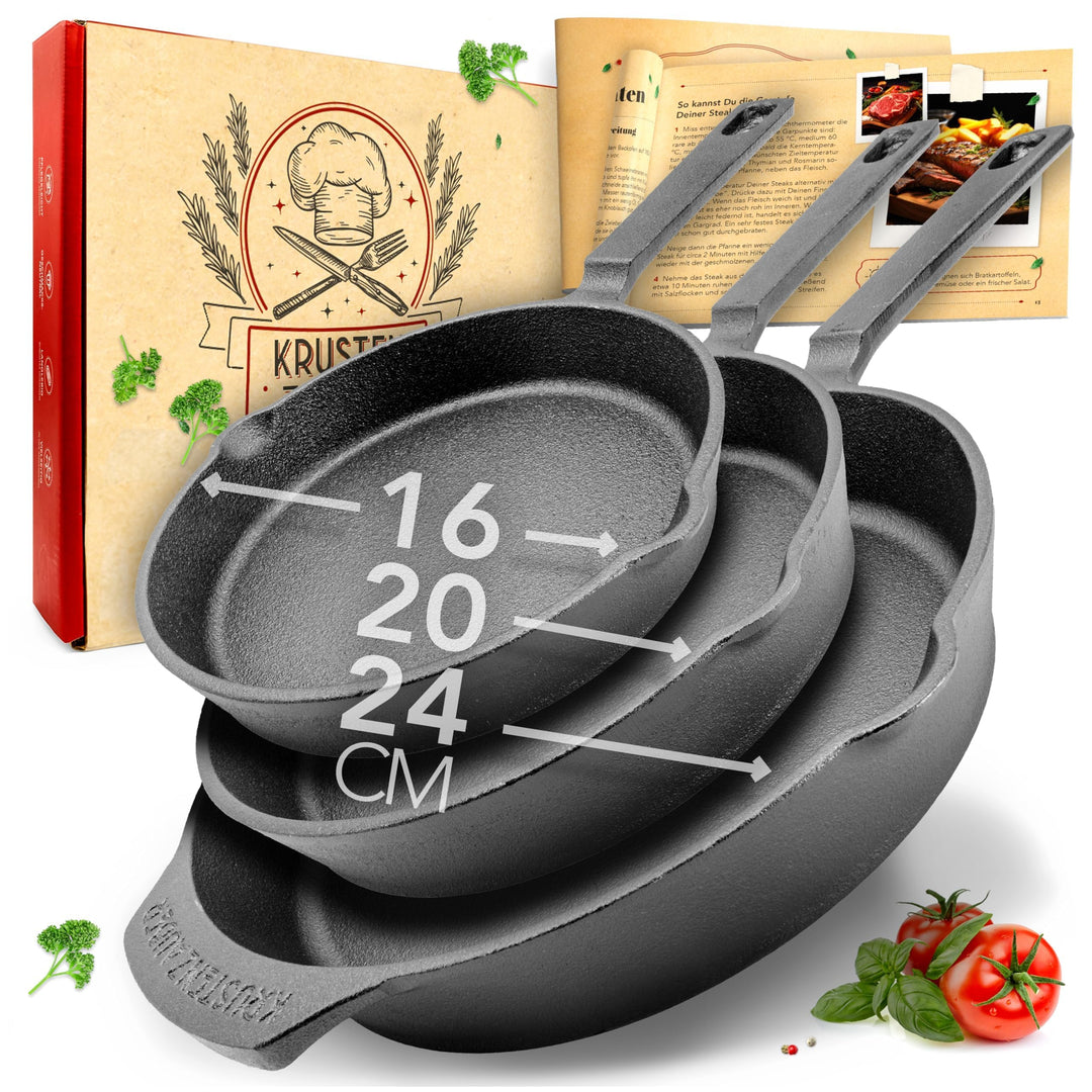 KRUSTENZAUBER 16+20+24cm Gusseisenpfannen Induktion - Voreingebrannte Gusseisen Pfannen - Ideale Gri