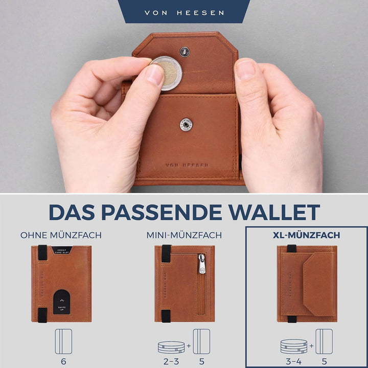 VON HEESEN Slim Wallet mit XL Münzfach & RFID-Schutz - Leder Geldbeutel - Mini Geldbörse für Herren