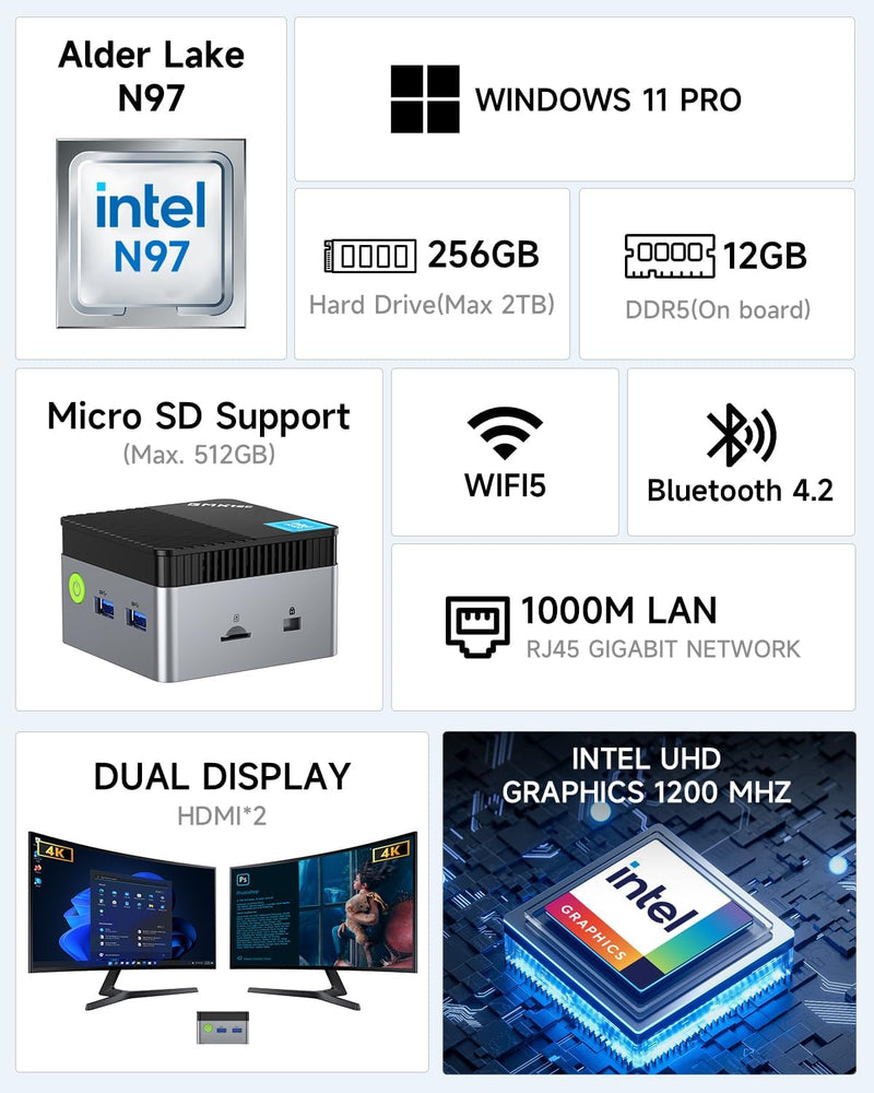 GMKtec Mini-PC N97 mit with Windows 11 Pro, G5 Micro-Desktop-Computer, Intel Alder Lake N97 der 12.