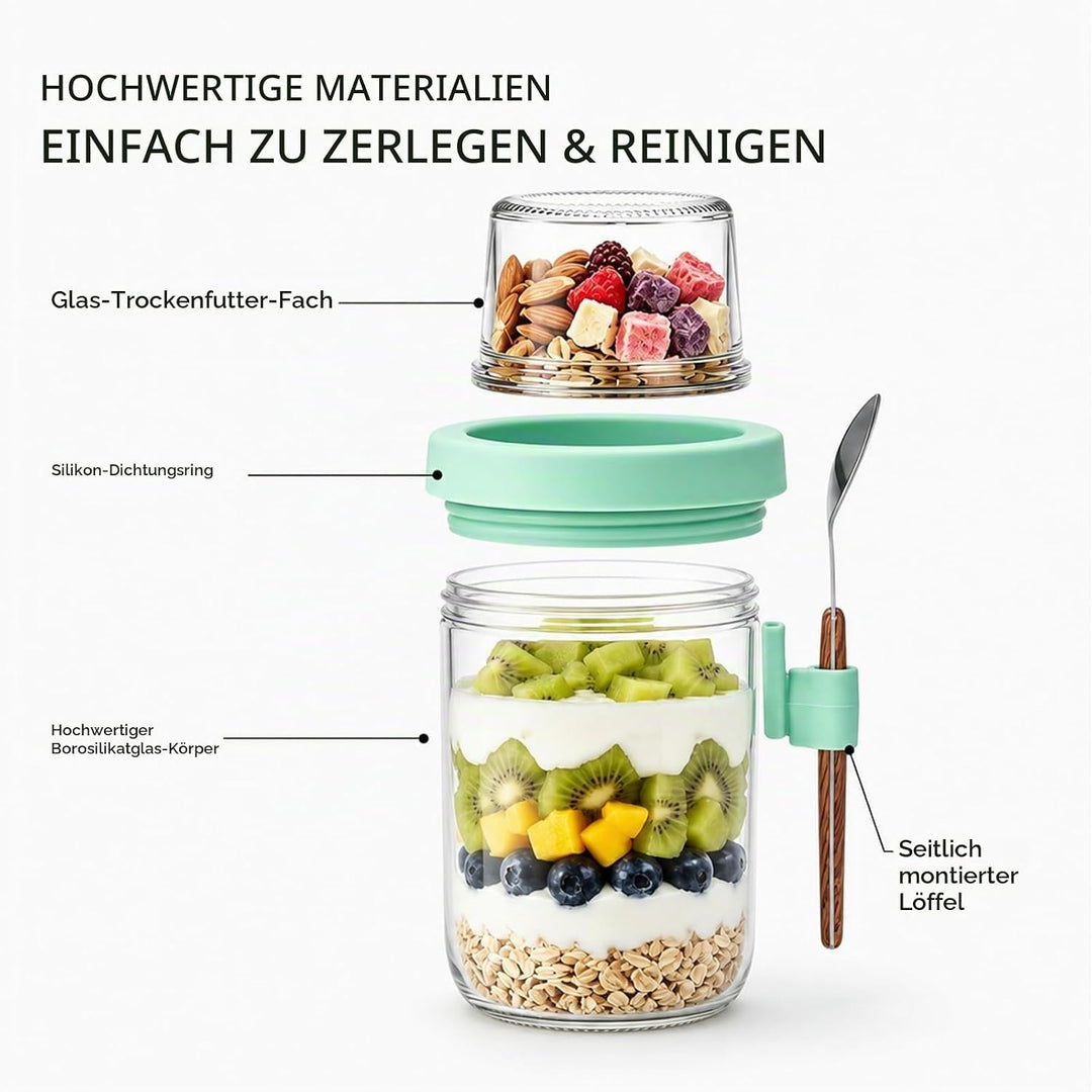 Müslibecher to Go mit Löffel,4 Stück Joghurtbecher mit Toppingbehälter,Overnight Oats Glas, Auslaufs