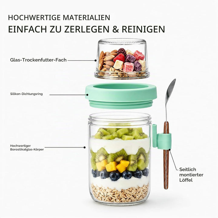 Müslibecher to Go mit Löffel,4 Stück Joghurtbecher mit Toppingbehälter,Overnight Oats Glas, Auslaufs