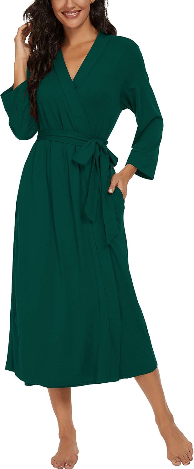 PrinStory Damen Bademantel Leichter 3/4 Ärmeln Morgenmantel V-Ausschnitt Kimono Roben Langes Nachtwä