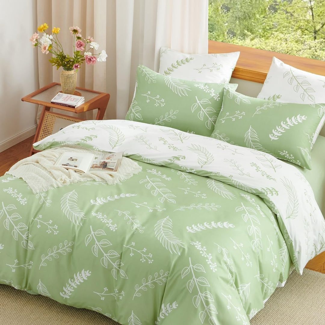 Lanqinglv Bettwäsche 200x220 Grün Weiss Blumen Blätter Wende Bettwäsche Set Pflanzen Bettbezug mit R