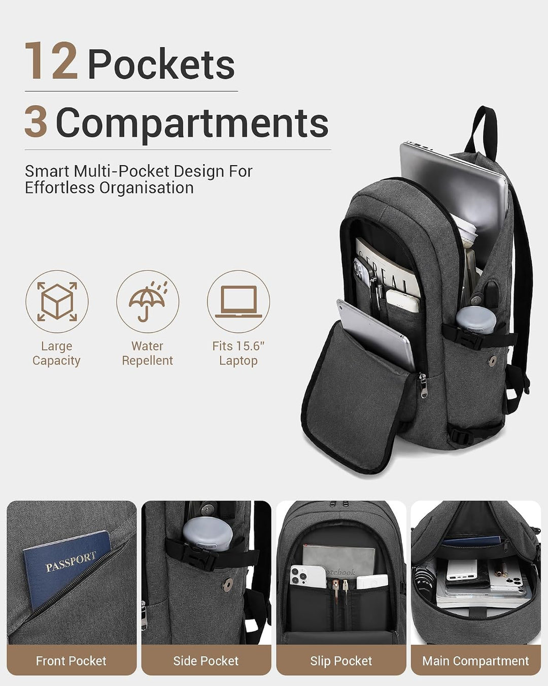 KONO Rucksack Herren, Laptop Rucksack 15,6 Zoll Anti-Diebstahl mit USB-Ladeanschluss, Schulrucksack