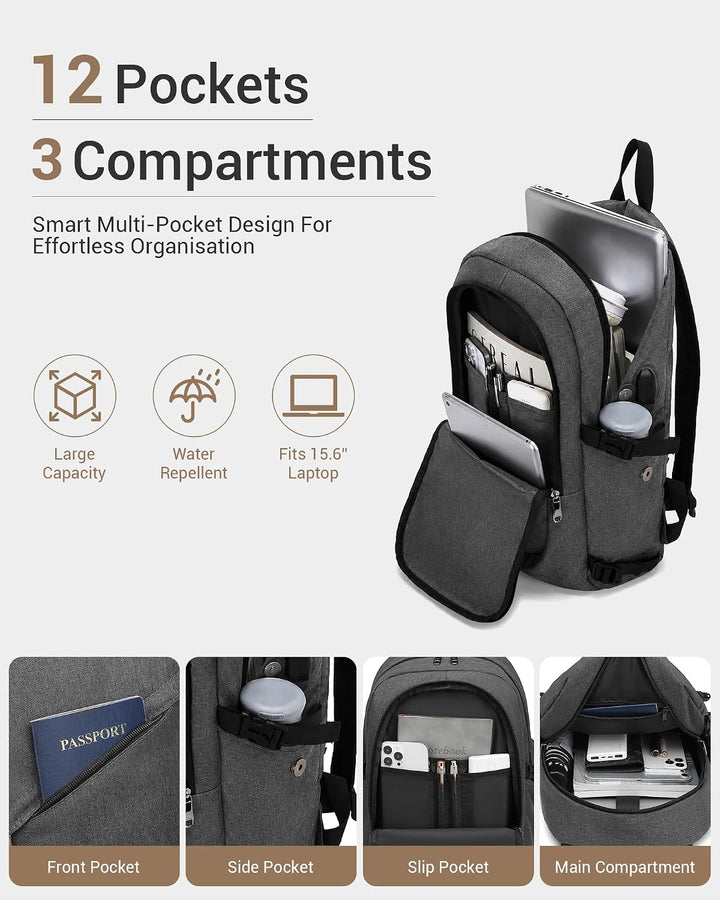 KONO Rucksack Herren, Laptop Rucksack 15,6 Zoll Anti-Diebstahl mit USB-Ladeanschluss, Schulrucksack