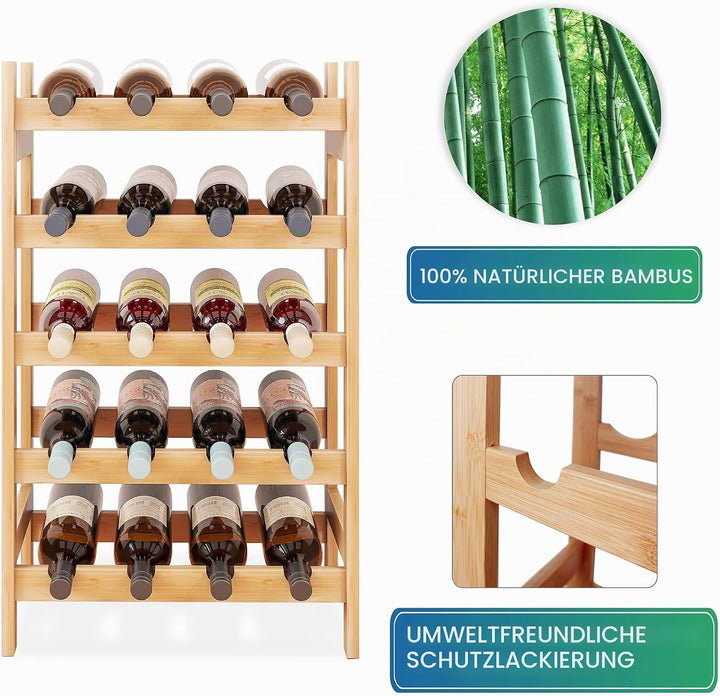 SMIBUY Bambus-Weinregal, 20 Flaschen-Display-Halter, 5-stöckige freistehende Lagerregale für Küche,