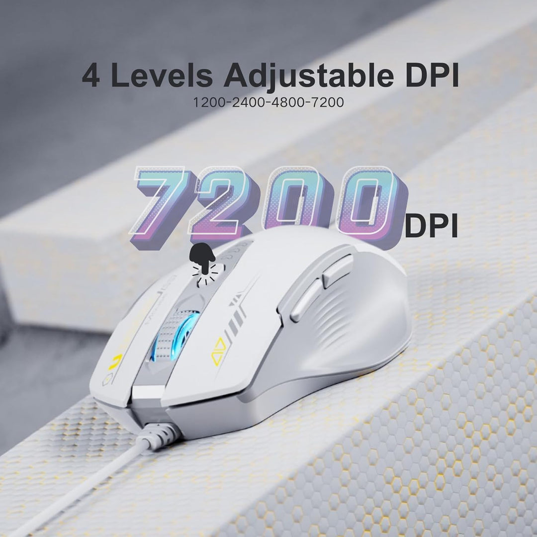Uineer Maus Mit Kabel, ergonomisches Design, bis zu 7200 DPI einstellbar mit 6 Tasten, Computer Maus