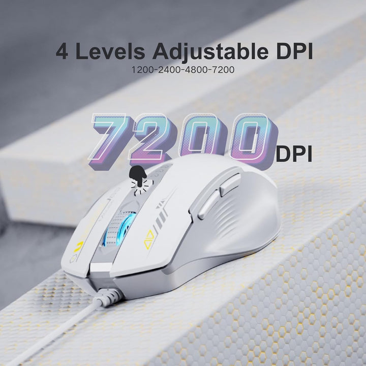 Uineer Maus Mit Kabel, ergonomisches Design, bis zu 7200 DPI einstellbar mit 6 Tasten, Computer Maus