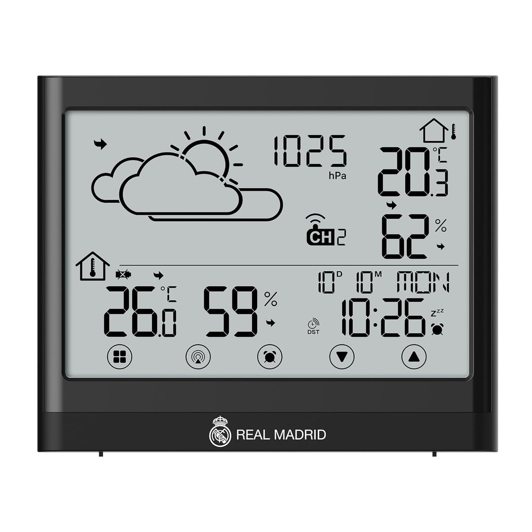 Real Madrid Wetterstation mit Aussensensor, Touch-Display, Frostwarnung, DCF-Signal, Weiss