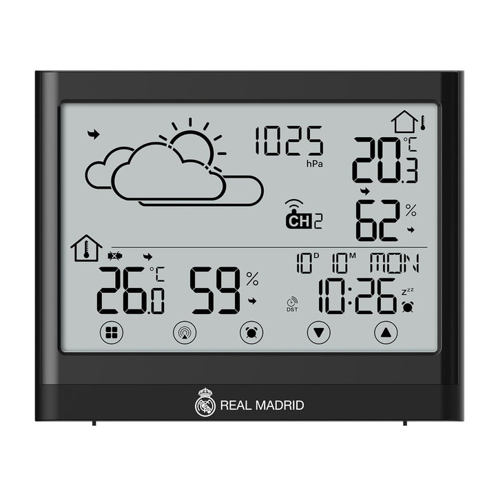 Real Madrid Wetterstation mit Aussensensor, Touch-Display, Frostwarnung, DCF-Signal, Weiss