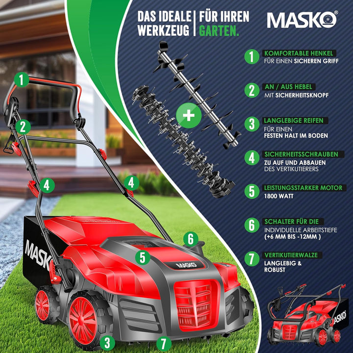 MASKO® Elektro 2in1 Vertikutierer Rasenlüfter 1800 Watt 40cm Arbeitsbreite 55L Fangkorb inkl. Lüfter