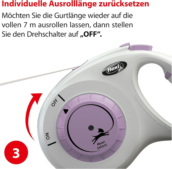 flexi® Select Gurt 7 m hellgrau-lila, zwischen 0-7 m einstellbare Roll-Leine für Hunde bis 25 kg hel