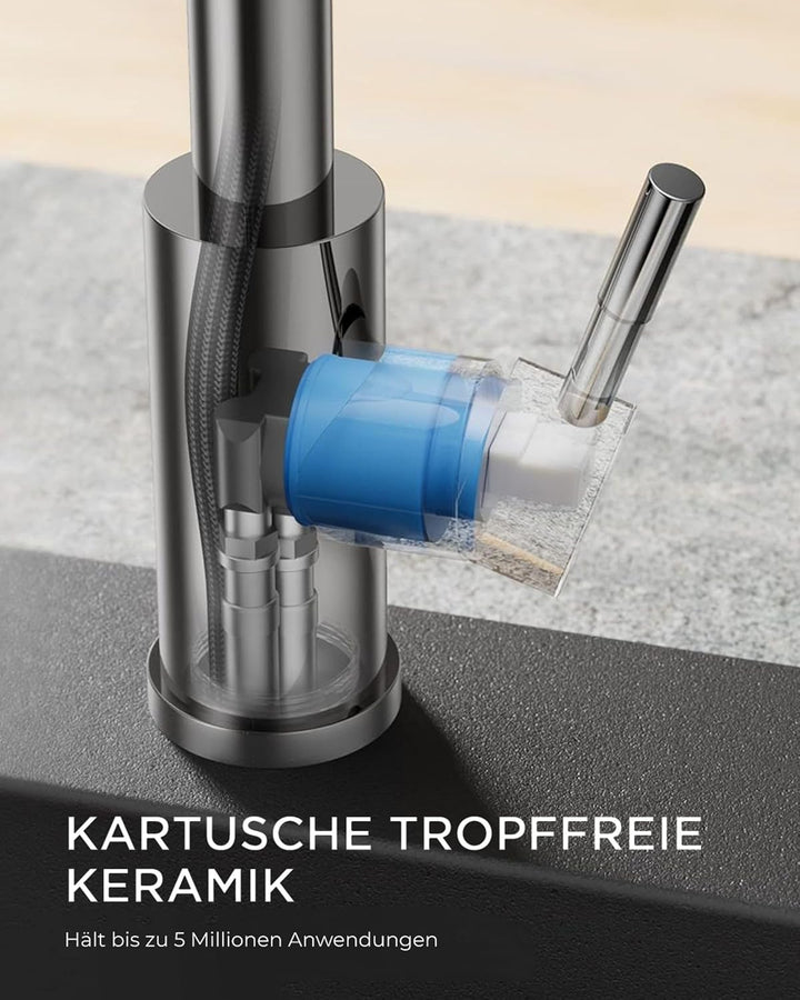 FORIOUS Küchenarmatur, Hochdruck Wasserhahn Küche Ausziehbar mit Brause, 360° Drehbar Mischbatterie