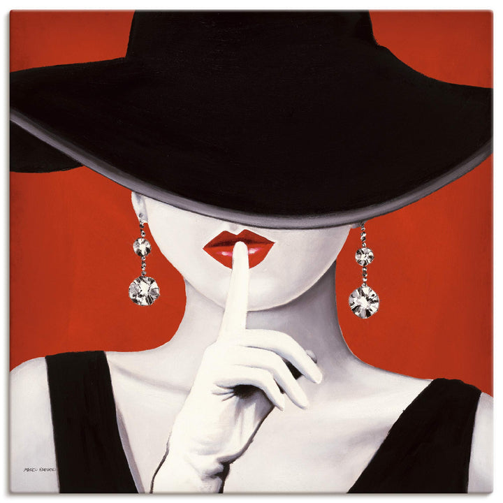 ARTland Leinwandbilder Wandbild Bild auf Leinwand 50x50 cm Wanddeko Frau Hut Stil Lippenstift Beauty
