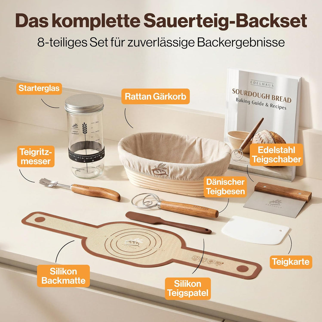 EDELHAUS Gärkörbchen Set 7-teilig zum Brotbacken, komplettes Sauerteig Brotbackset mit Sauerteig Gla