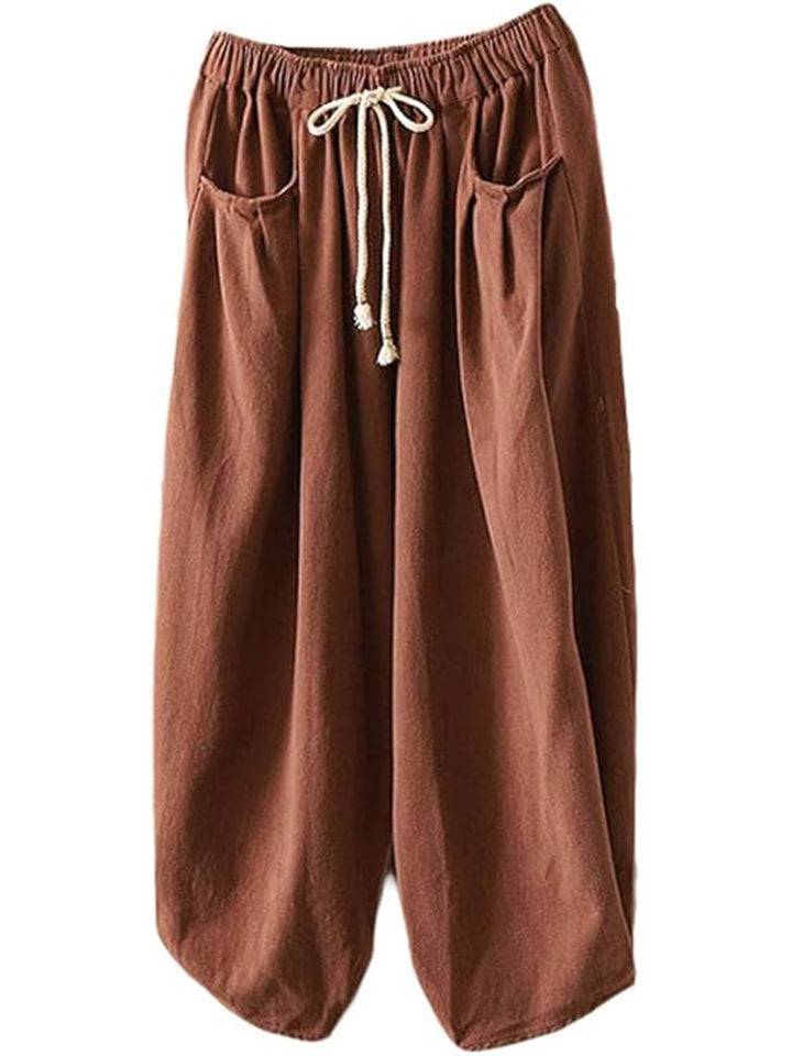 FTCayanz Damen Weite Baggy Haremshose Freizeithose Sommer Baumwolle Lockere Palazzo Hosen mit Tasche