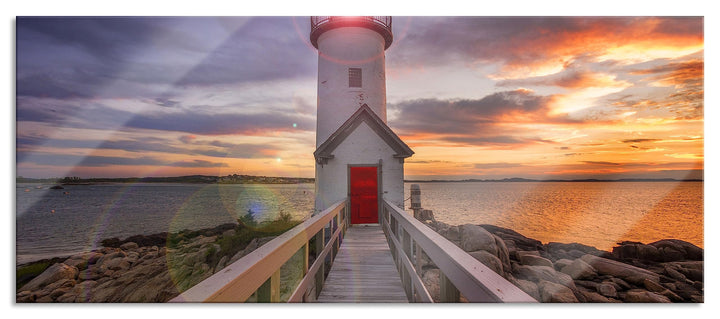 Glasbild Panorama | Wandbild aus Echtglas | Leuchtturm bei Sonnenuntergang | 100x40 cm | inkl. Aufhä