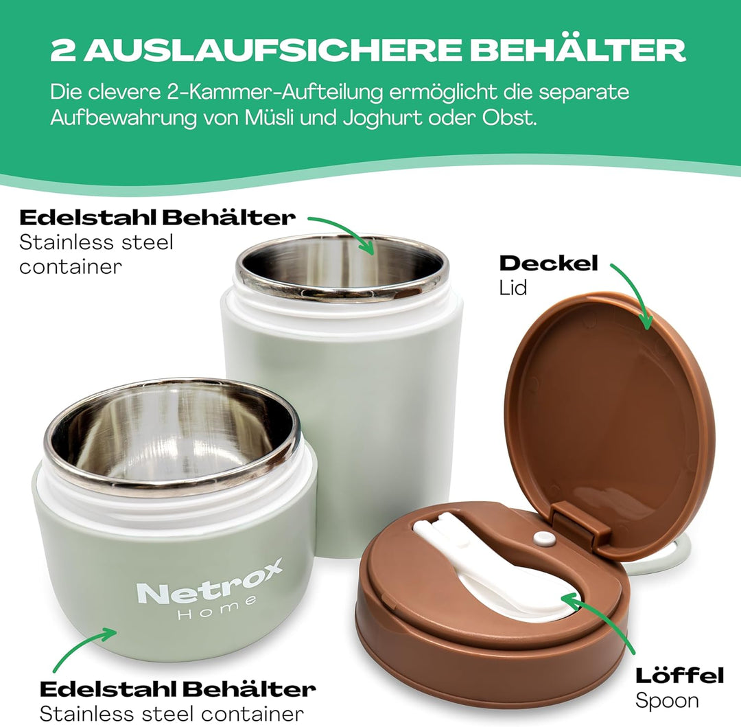 NetroxHome - Müslibecher To Go mit Löffel, Auslaufsicherer Joghurtbecher To Go aus Edelstahl, Lunchb