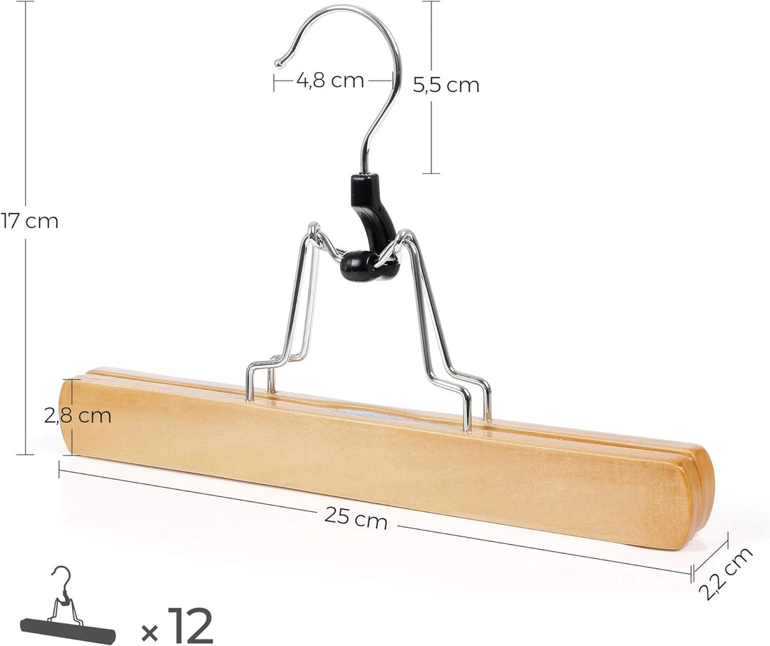 SONGMICS Hosenspanner, 12 Stück, Kleiderbügel aus Holz, Hosenbügel, rutschfest, verchromter Haken, u