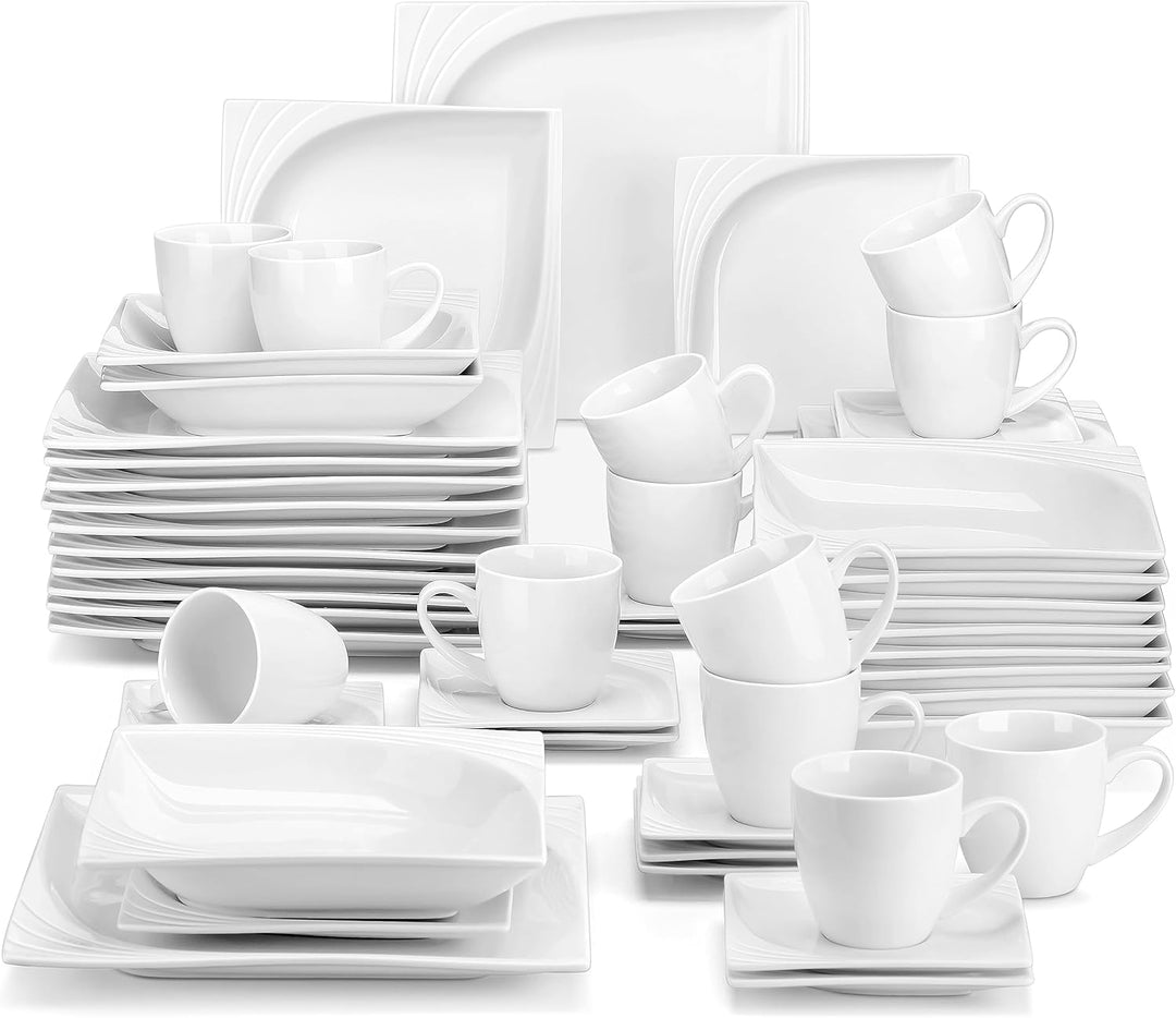 MALACASA, Serie Monica, 60 TLG. CremeWeiss Porzellan Geschirrset Kombiservice Tafelservice mit je 12