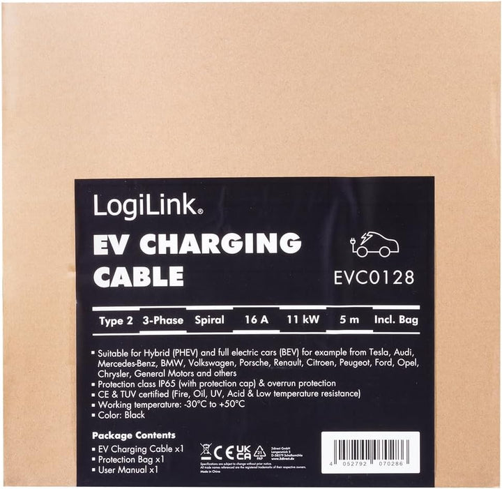LogiLink E-Auto-Ladekabel, Typ 2, 3-phasig, Spiral, 20 A, 11 kW, mit Tasche, 5 m