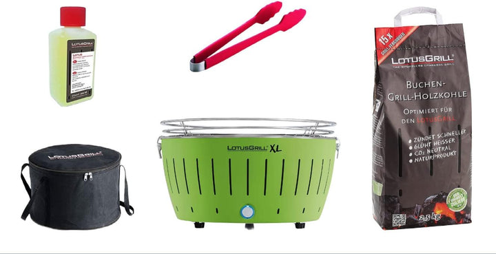 LotusGrill XL Starter-Set 1x XL Grill Limettengrün mit USB-Anschluss, 1x Buchenholzkohle 2,5 kg, 1x