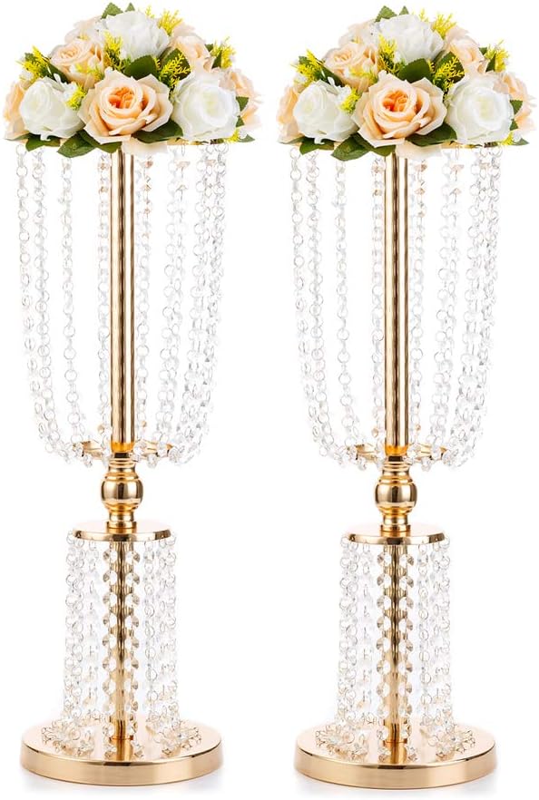 NUPTIO 2 Stück Hochzeitsmittelstücke für Tische, 60cm Hohe Goldvasen Als Herzstück, Kristallmetallva