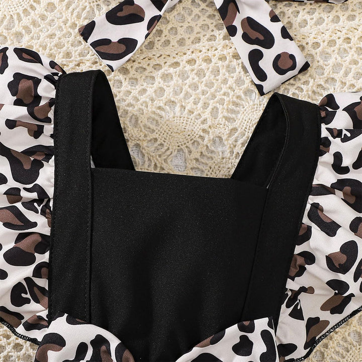 Baby Mädchen Leopard Print Hosenträger Kleid Bowknot Stirnband Kleiderset, ärmellos Rundhalsausschni