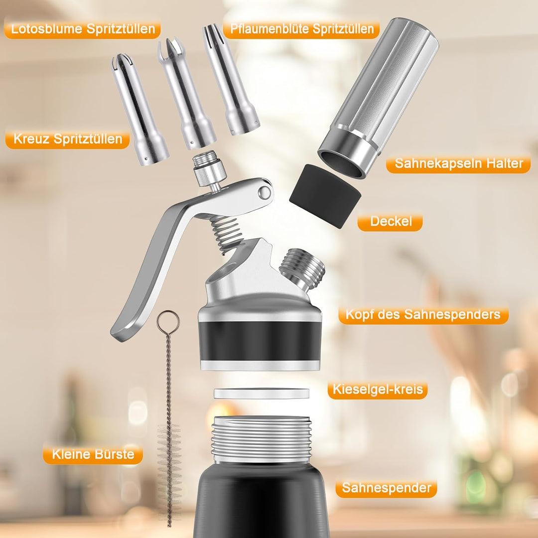 Sahnespender 500 ml, Professioneller Aluminium Sahnesiphon, mit 3 Edelstahl Deko-Düsen 3 Kunststoffd